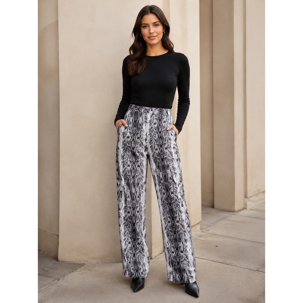 Vince Camuto Grey Snakeskin Print Wide Leg Pants High Rise Animal Print Size 14